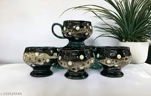 Pack of 6 Ceramic Tea/Coffee Cups Chai Beautiful Cup, Office Cups, Black dotted Cups 135ML (Cup Set) (Black Dotted, Cup Set)