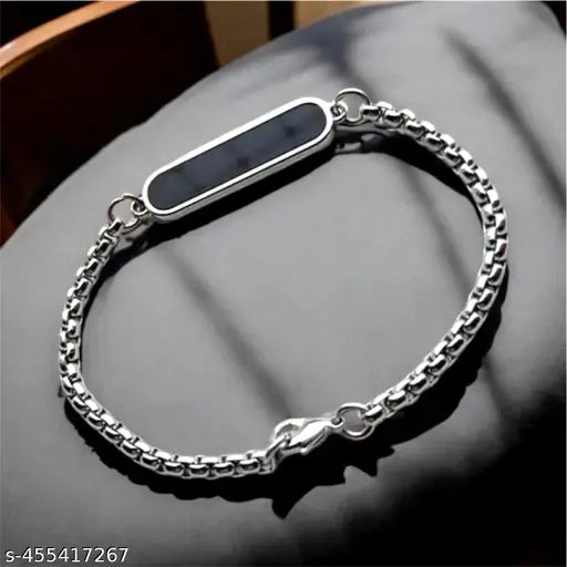 Stylish Black Plate Chain Bracelet for Men - Silver Finish Adjustable Wristband