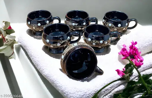 Pack of 6 Ceramic Tea/Coffee Cups Chai Beautiful Cup, Office Cups, Black dotted Cups 135ML (Cup Set) (Black Dotted, Cup Set)