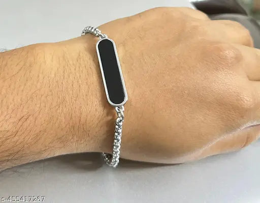 Stylish Black Plate Chain Bracelet for Men - Silver Finish Adjustable Wristband