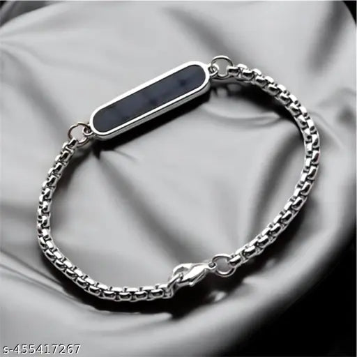 Stylish Black Plate Chain Bracelet for Men - Silver Finish Adjustable Wristband