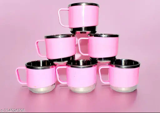 Mystic Cart Pack of 6 Classic Stainless Steel Tea Cup Set | Steel Cups | Coffee Cups | Cups Set of 6 | Inner Steel Outer Plastic (Light Pink)