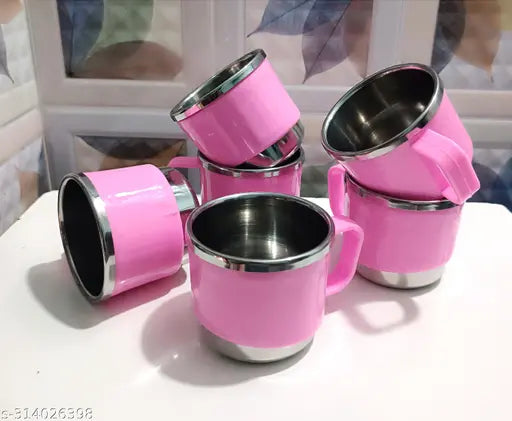 Mystic Cart Pack of 6 Classic Stainless Steel Tea Cup Set | Steel Cups | Coffee Cups | Cups Set of 6 | Inner Steel Outer Plastic (Light Pink)