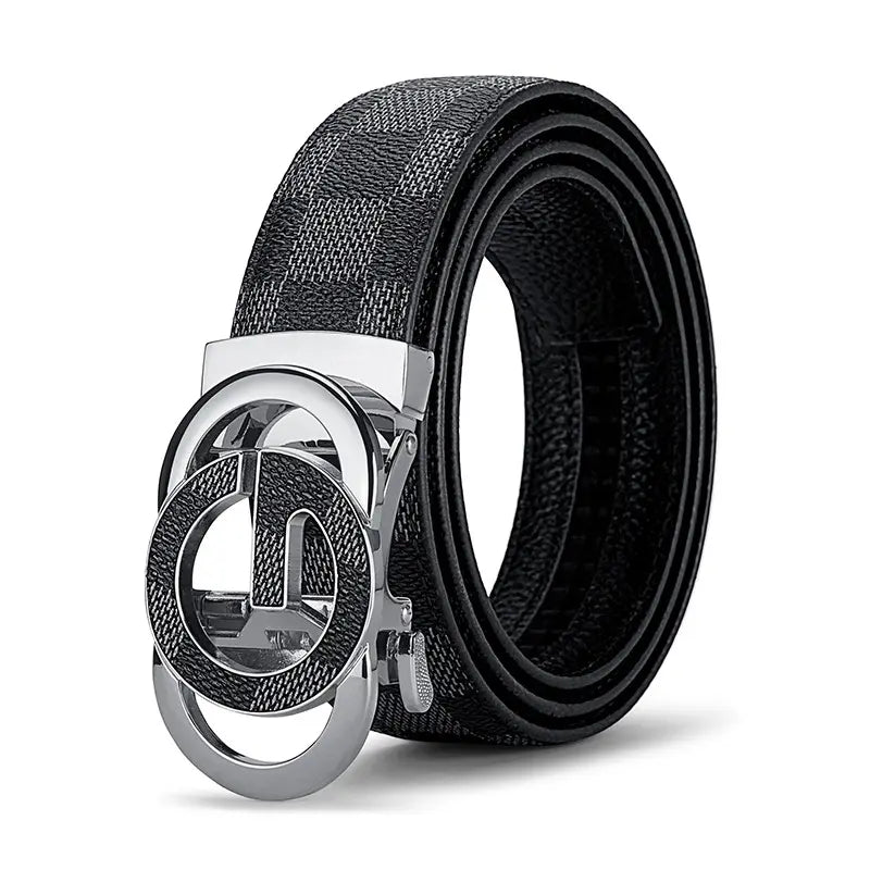 Men's Genuine Cowhide Leather Belt Simple Fashion Plaid Waistband With Automatic Alloy Buckle